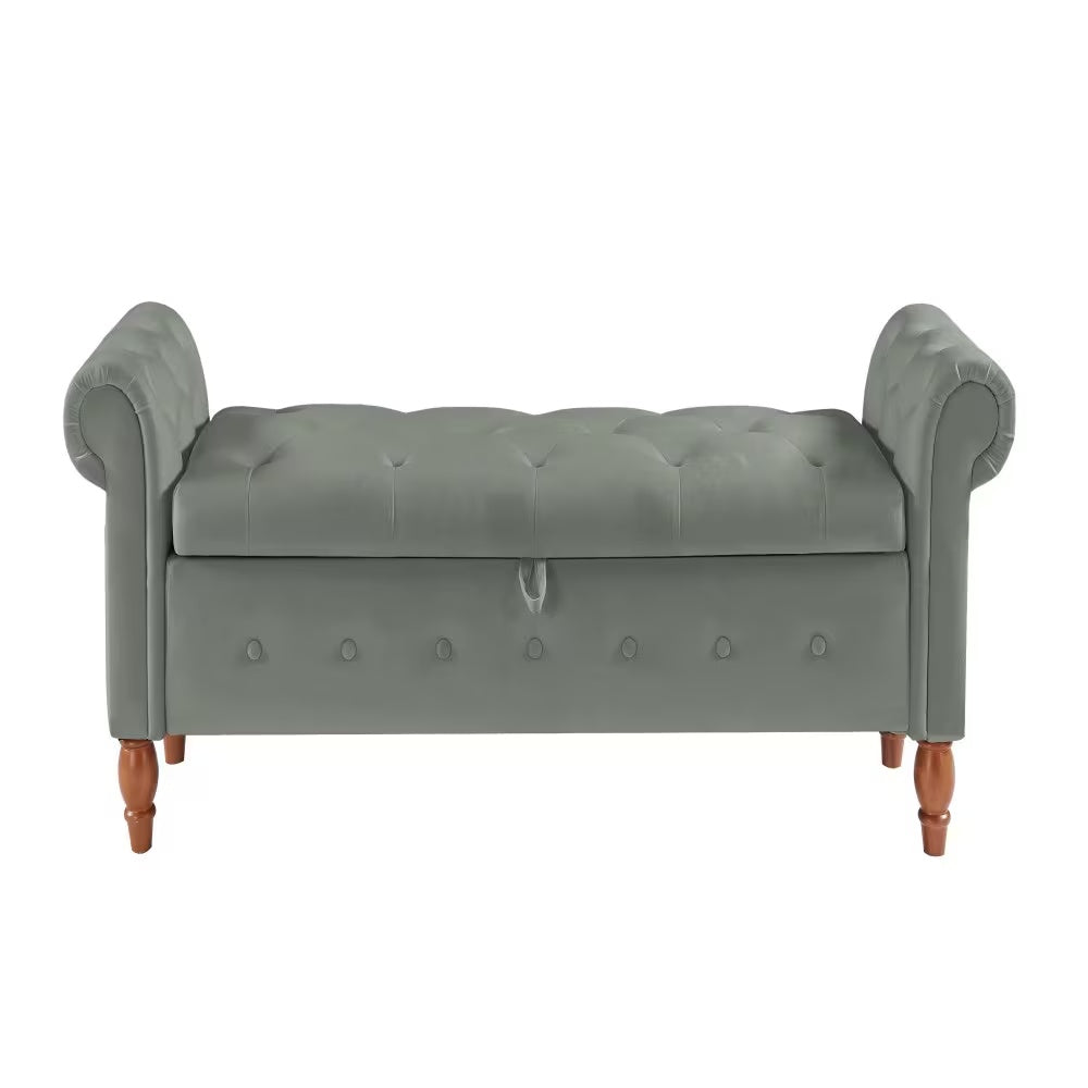 Grey Velvet Storage Ottoman Stool Bench