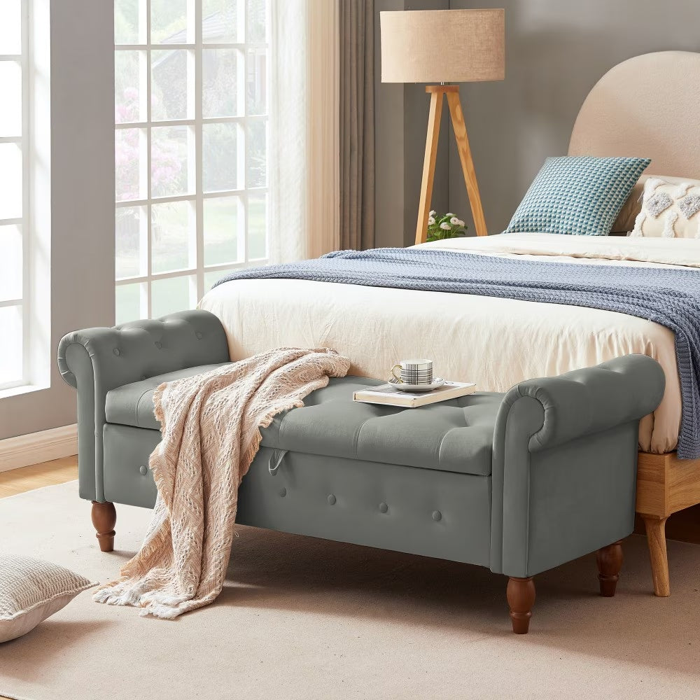 Grey Velvet Storage Ottoman Stool Bench