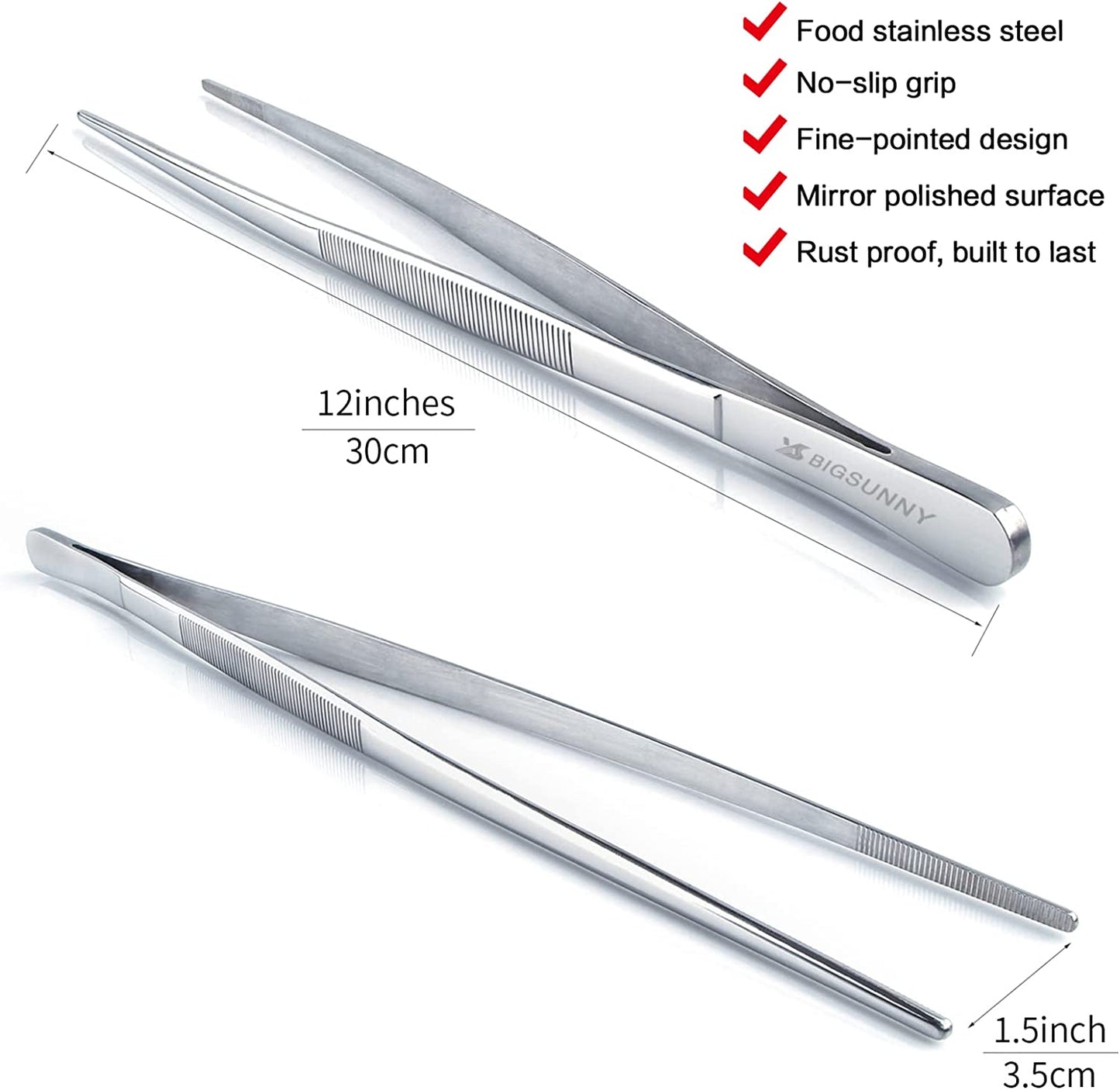 Set of 2 Kitchen Tweezers Fine Tweezer Tongs 12 Inch Stainless Steel Food Tweezer