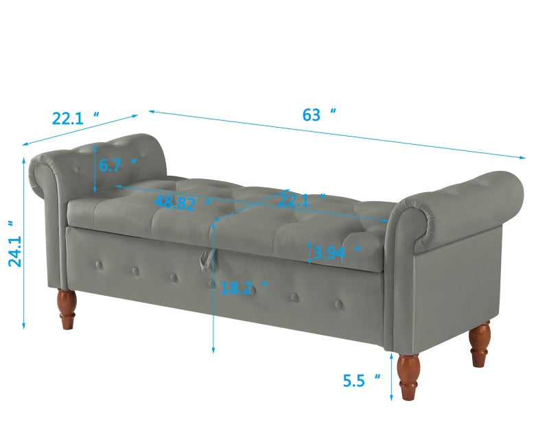 Grey Velvet Storage Ottoman Stool Bench