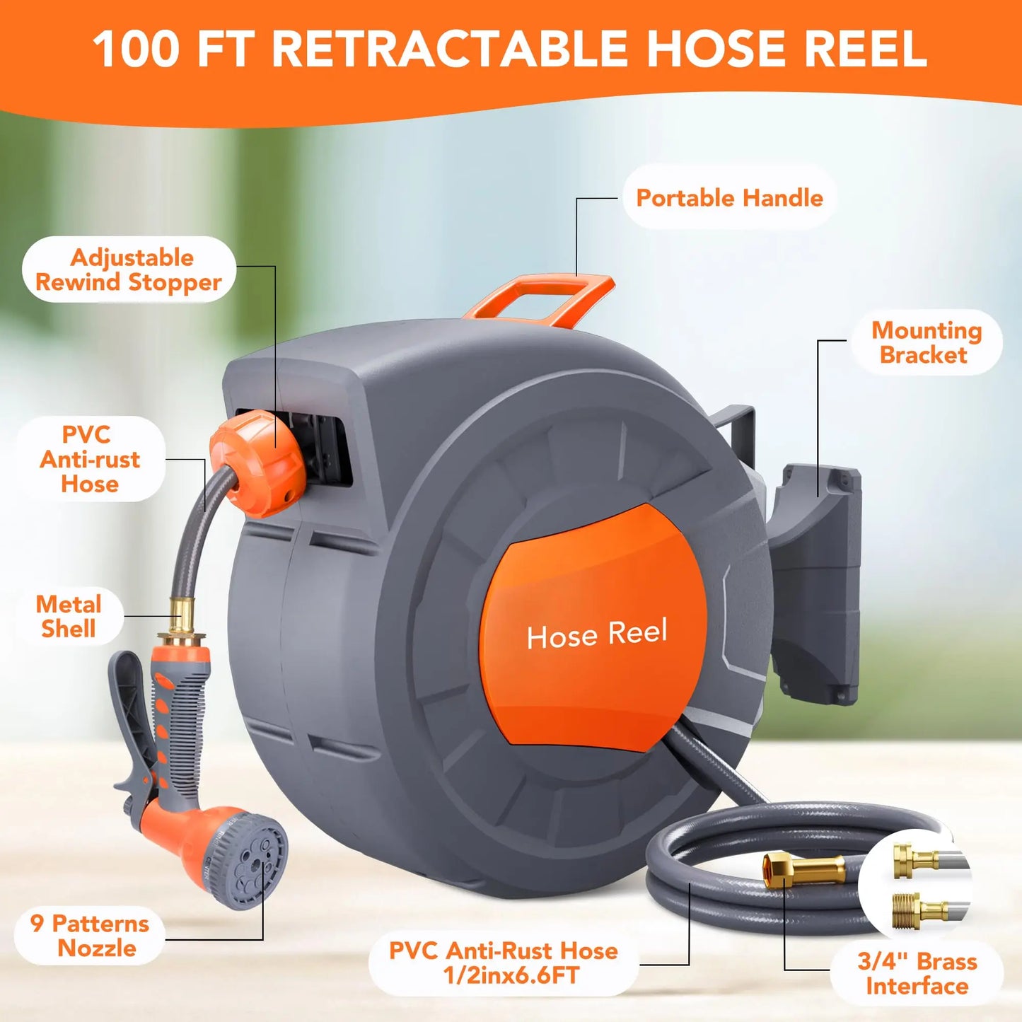 Garden Retractable Hose Reel,Built to Last, 9-Function Sprayer, 180° Swivel, Effortless Rewind Technology Automatic Rewind and S