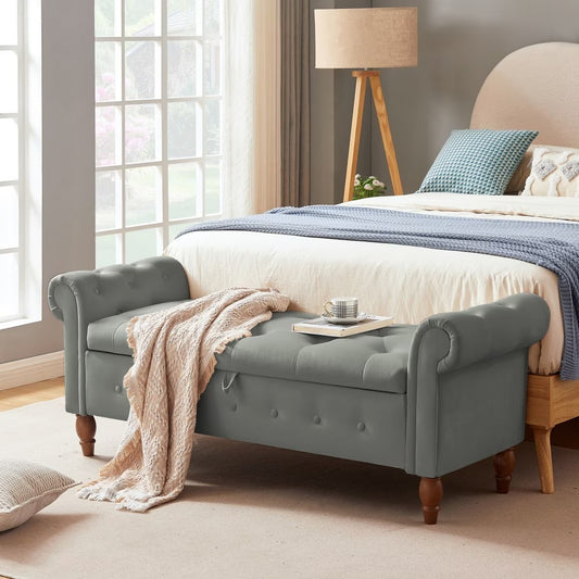Grey Velvet Storage Ottoman Stool Bench