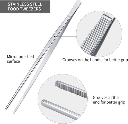 Set of 2 Kitchen Tweezers Fine Tweezer Tongs 12 Inch Stainless Steel Food Tweezer