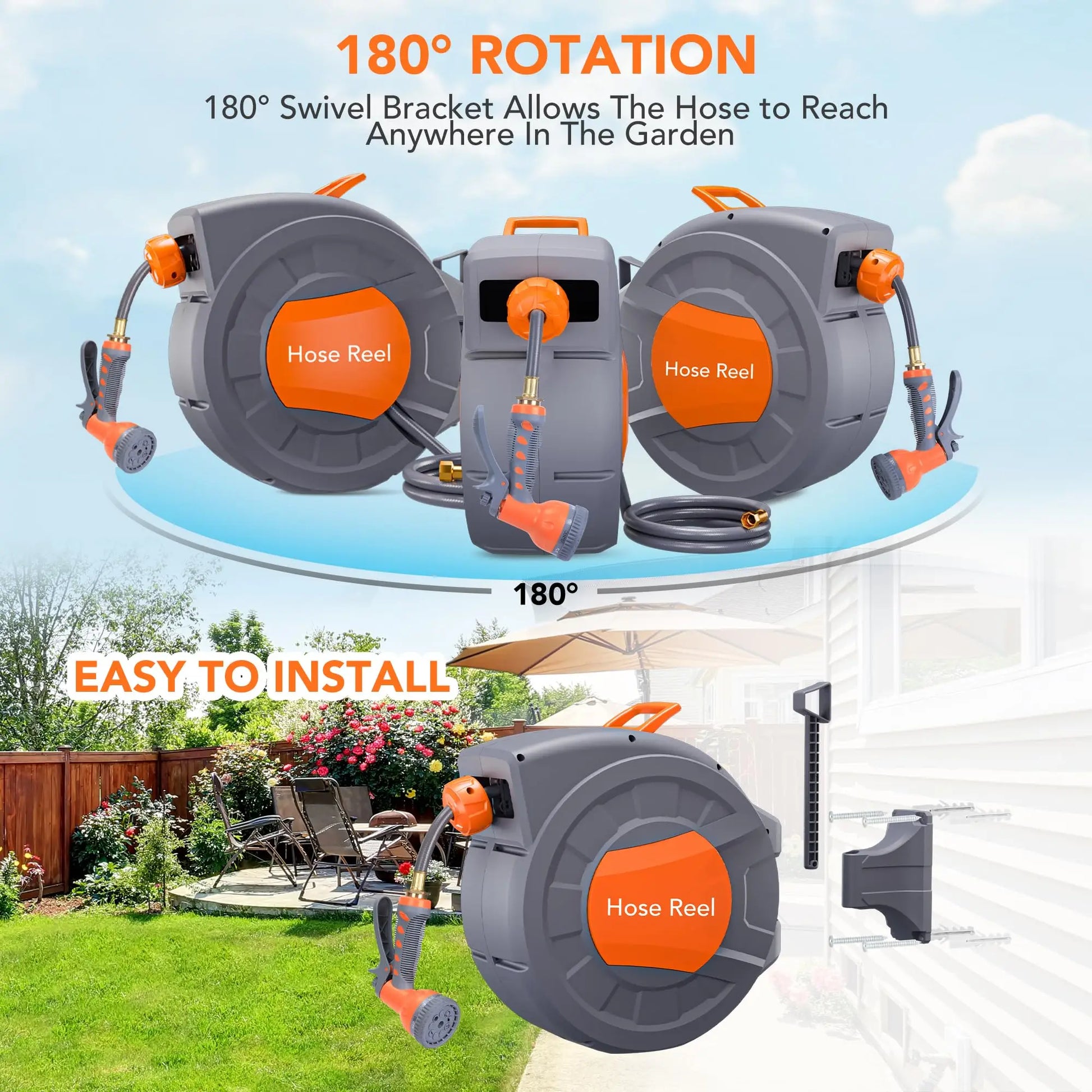 Garden Retractable Hose Reel,Built to Last, 9-Function Sprayer, 180° Swivel, Effortless Rewind Technology Automatic Rewind and S