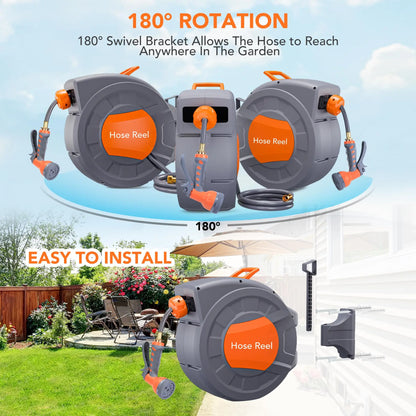 Garden Retractable Hose Reel,Built to Last, 9-Function Sprayer, 180° Swivel, Effortless Rewind Technology Automatic Rewind and S