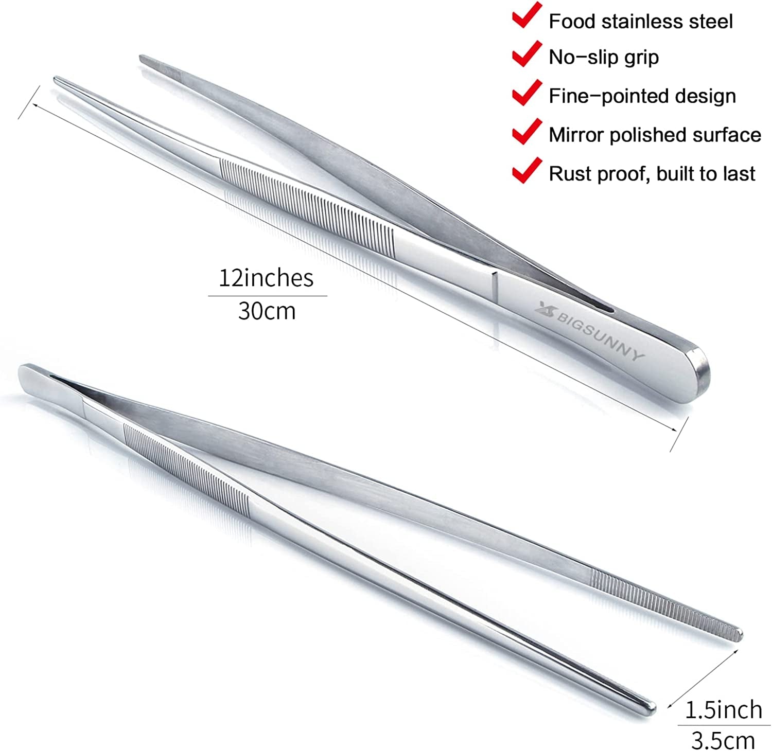 Set of 2 Kitchen Tweezers Fine Tweezer Tongs 12 Inch Stainless Steel Food Tweezer