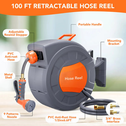 Garden Retractable Hose Reel,Built to Last, 9-Function Sprayer, 180° Swivel, Effortless Rewind Technology Automatic Rewind and S