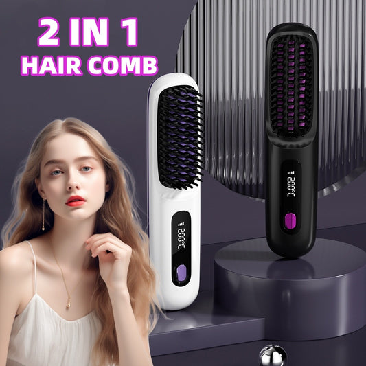 2-in-1 Wireless Hair Straightener Brush with USB Charging
